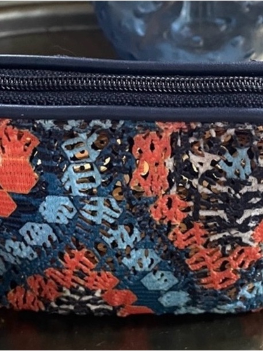 Vera Bradley Navy Teal Coral Embroidered Cosmetic Pouch - Picture 5 of 7